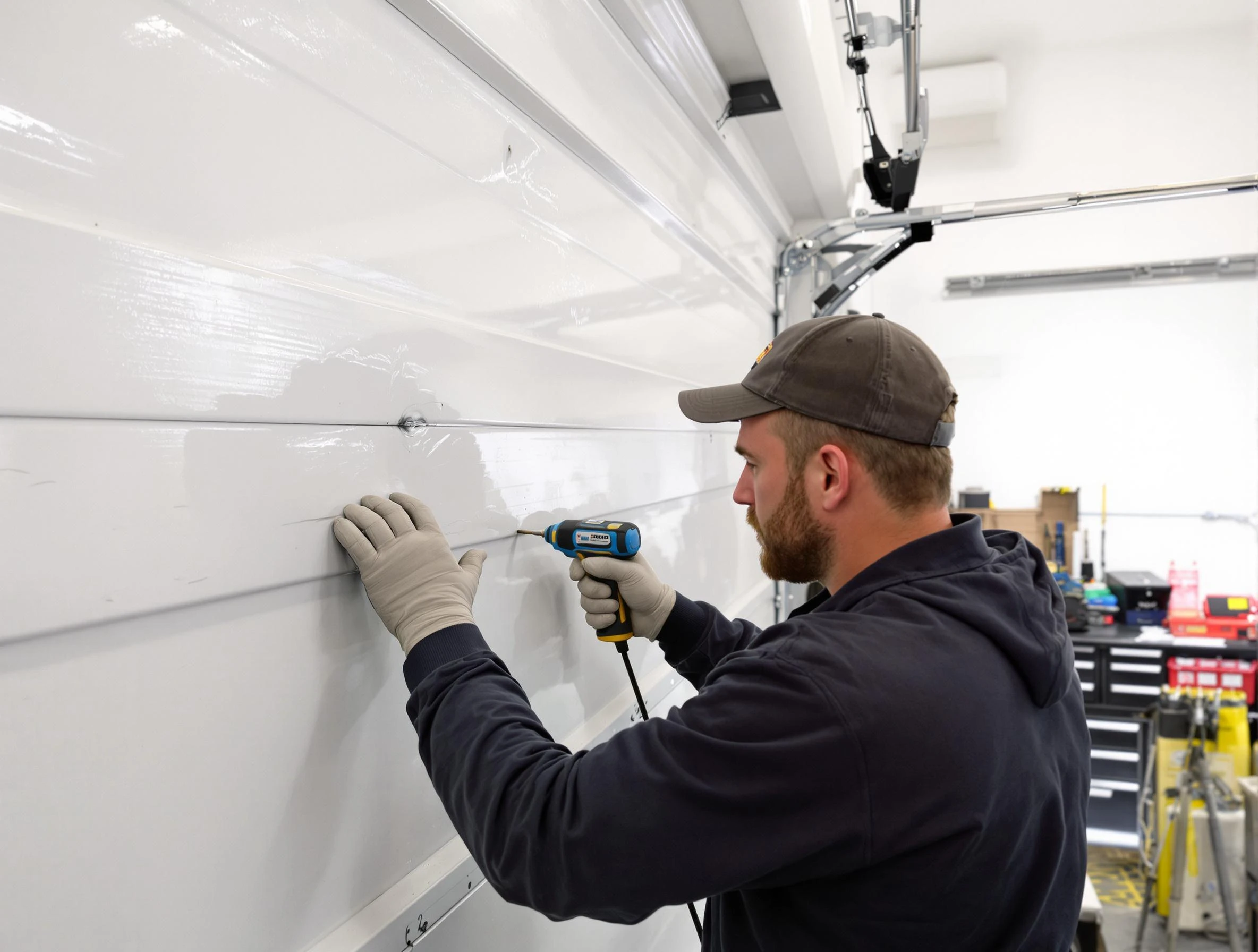 Paterson Garage Door Repair technician demonstrating precision dent removal techniques on a Paterson garage door
